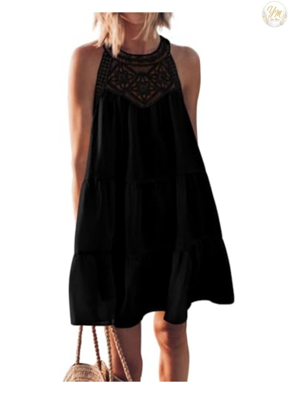 Boho Sleeveless Halter Neck Sundress with Lining, Tiered A-Line Swing Dress